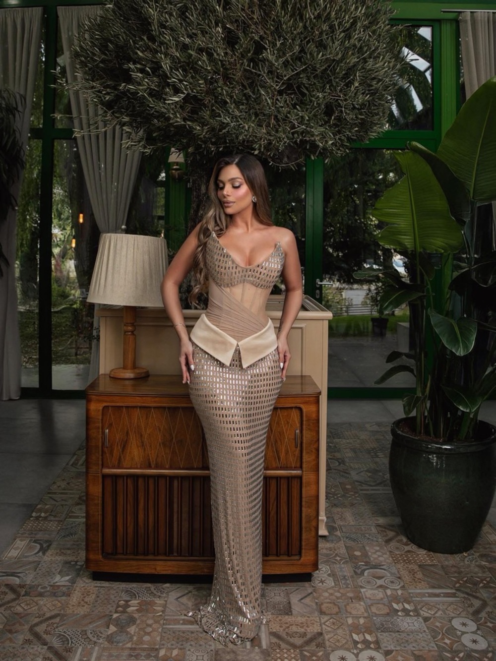 Strapless Gold Column Evening Gown with Sculpted Waist